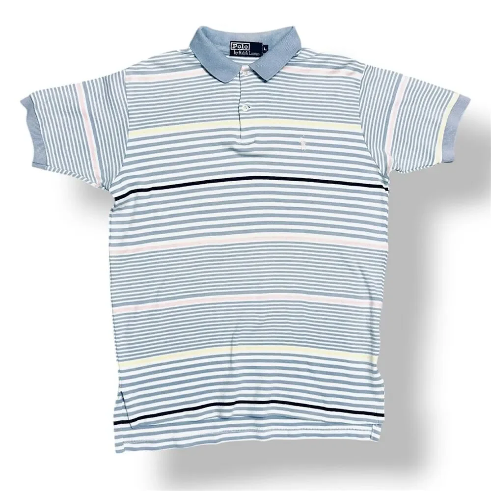 Polo Ralph‎ Lauren Men’s L Lavender Pink Yellow Striped Cotton Short Sleeve Polo